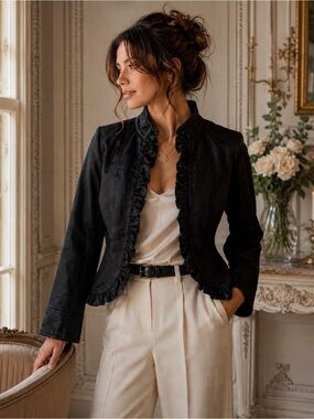 Vintage Black Ruffle Trim Victorian Fitted Jacket Romantic Equestrian Blazer
